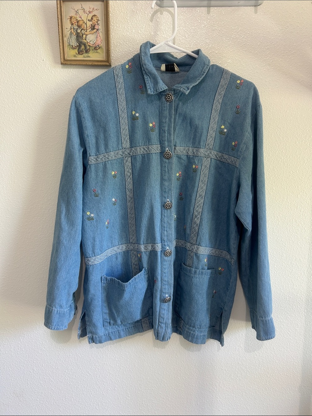 Teddi vintage  Light Blue Embroidered Denim Jacket with Floral Accents